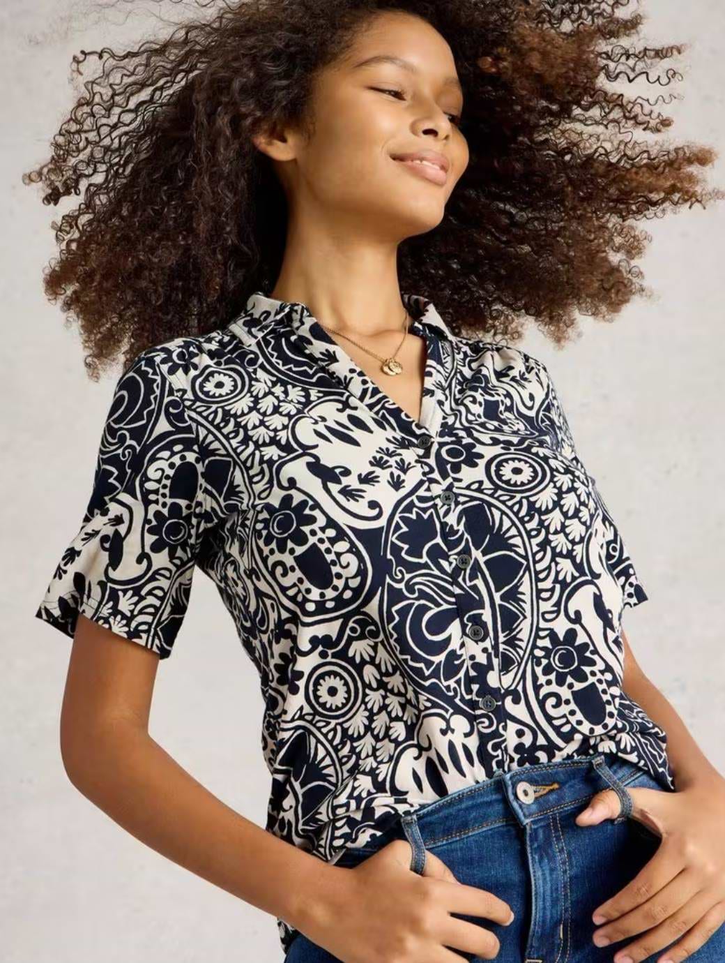 White Stuff Women's Annie Short Sleeve Jersey Shirt Navy Print