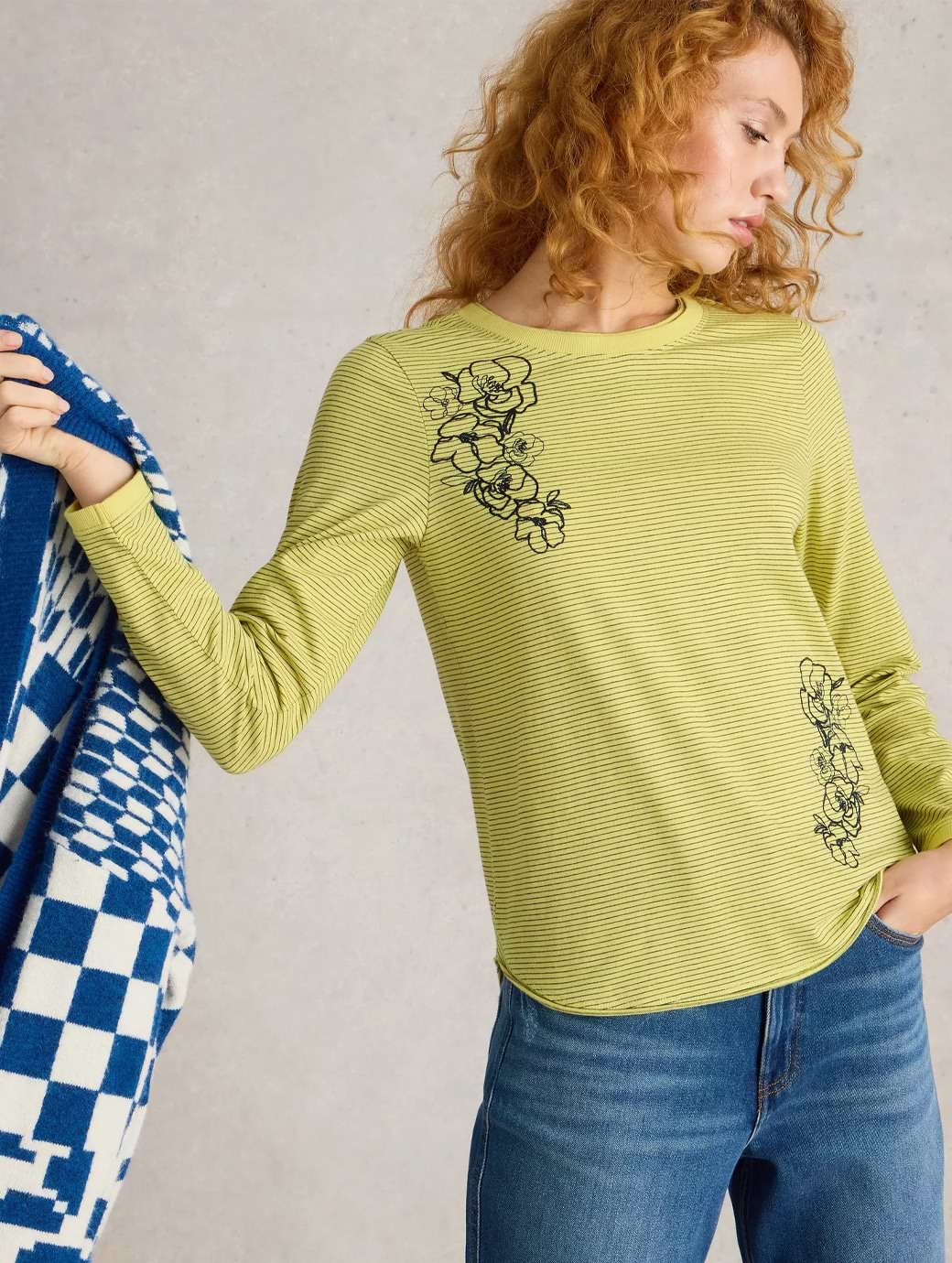 White Stuff Women's Clara Long Sleeve Embroidered Tee Yellow Multi