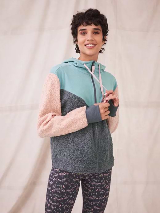 White Stuff Women s Colourblock Borg Hoodie Blue Multi