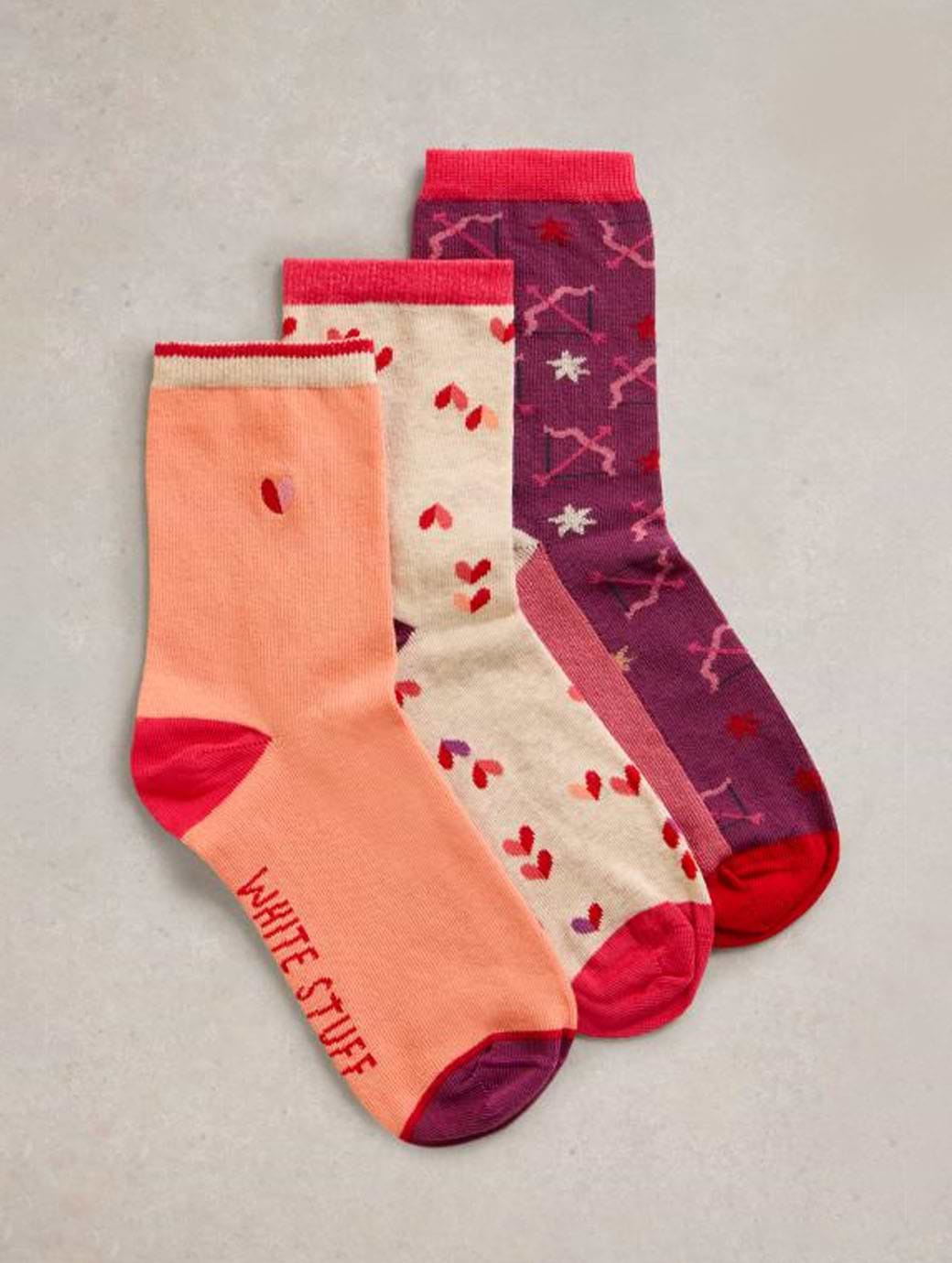 White Stuff Women's I Heart You Ankle Socks 3 Pack Red Multi