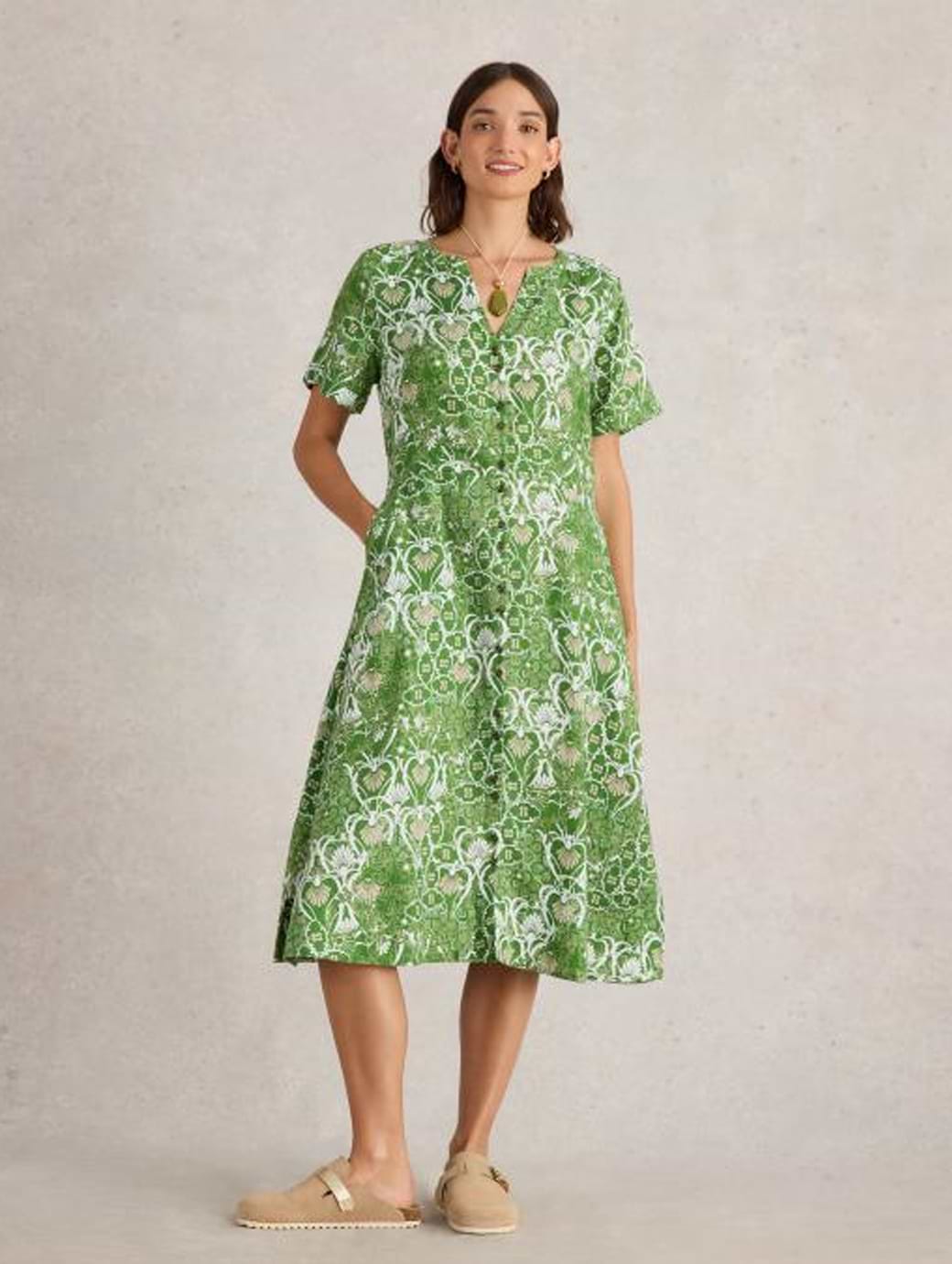 White Stuff Women's Iris Linen Dress Petite Green Print