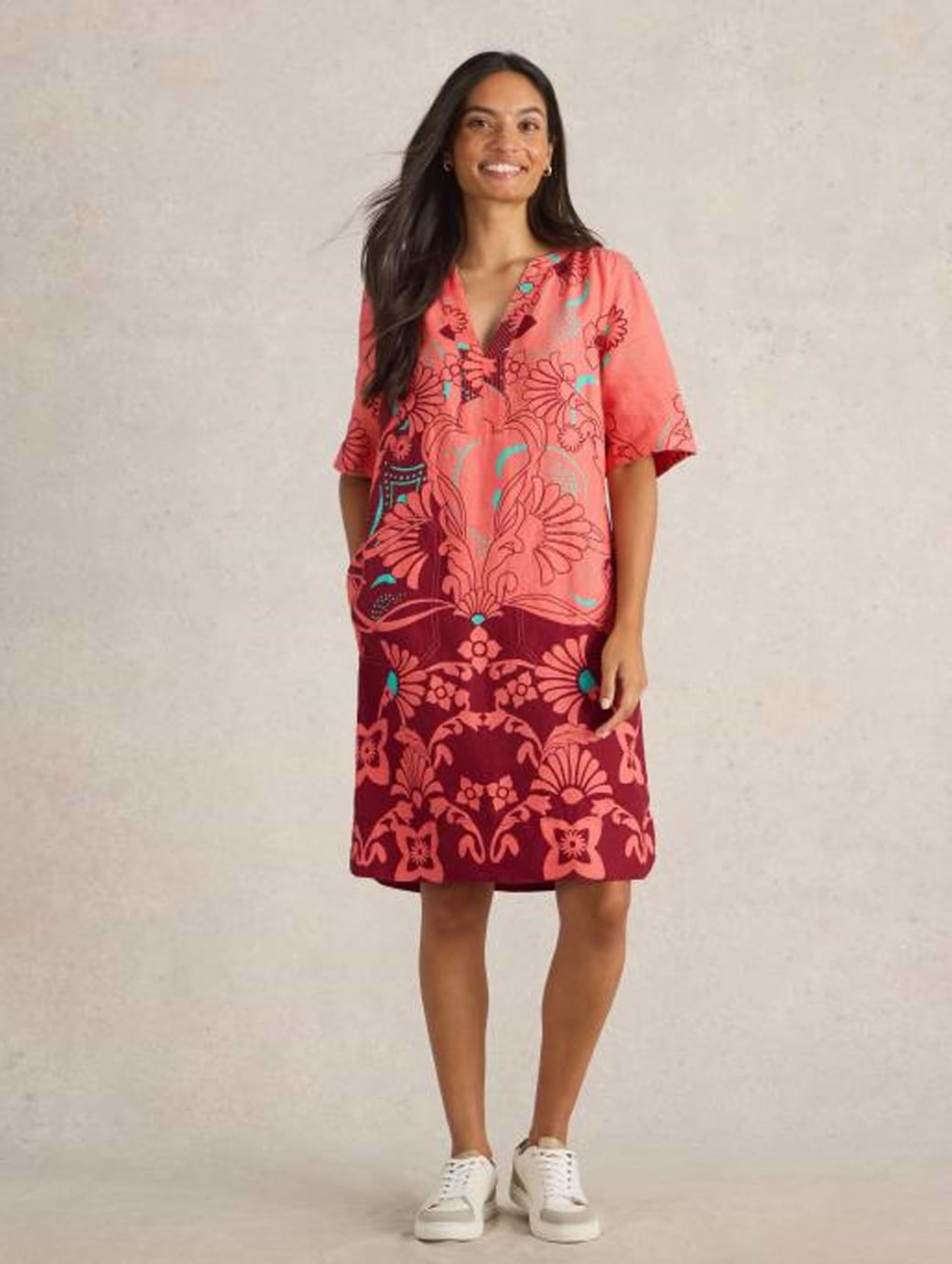 White Stuff Women's June Linen Dress Petite Red Multi