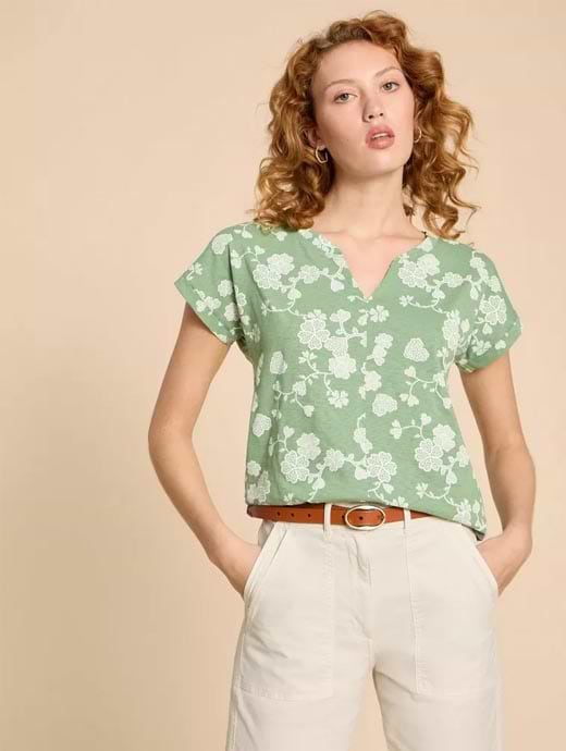 White Stuff Women's Nelly Notch Neck Tee Green Print