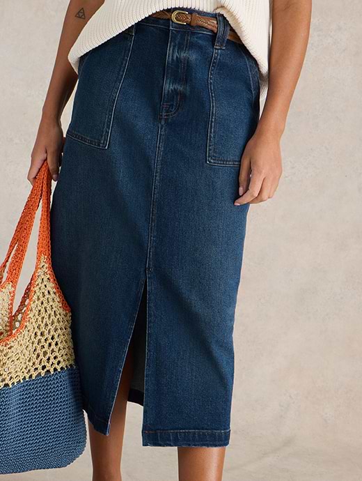 White Stuff Women's Petite Maren Denim Midi Skirt Mid Denim