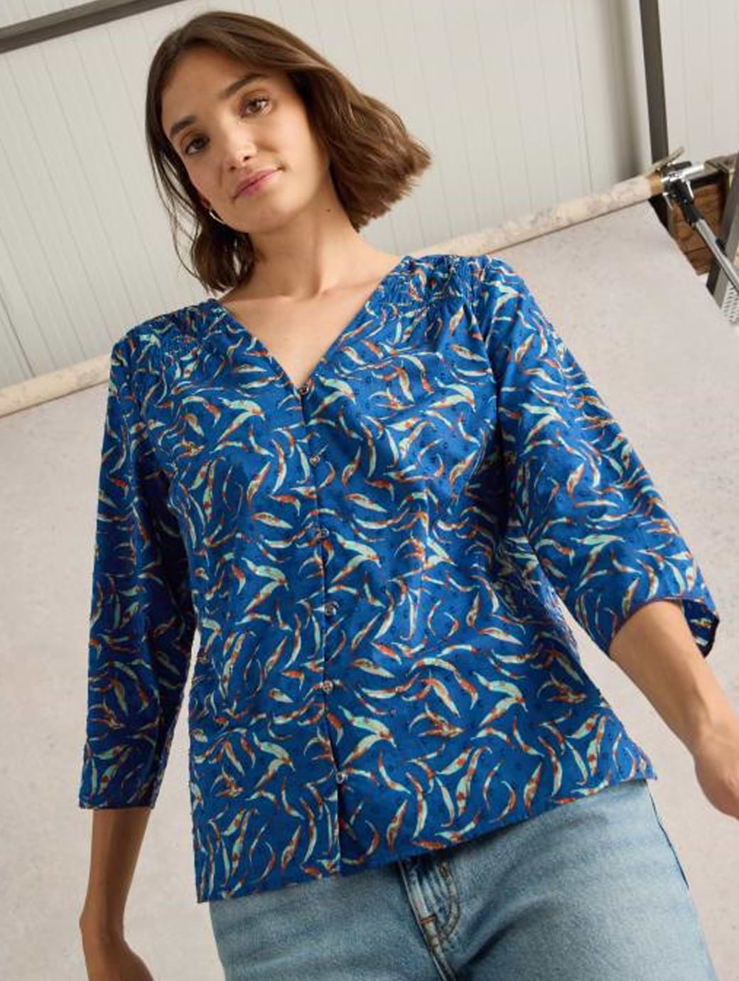 White Stuff Women's Rae Organic Cotton Top Blue Print 