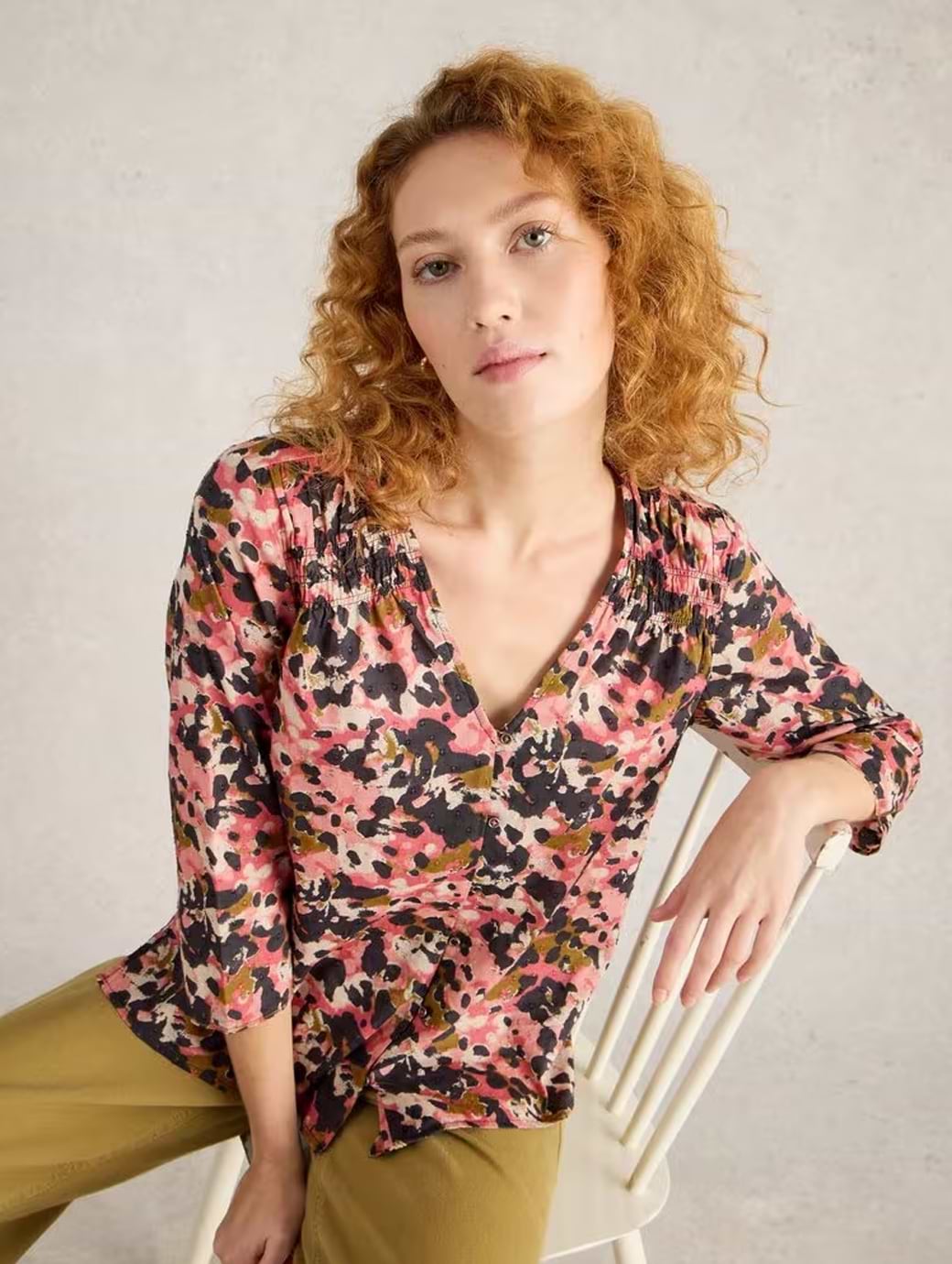 White Stuff Women's Rae Organic Cotton Top Pink Print