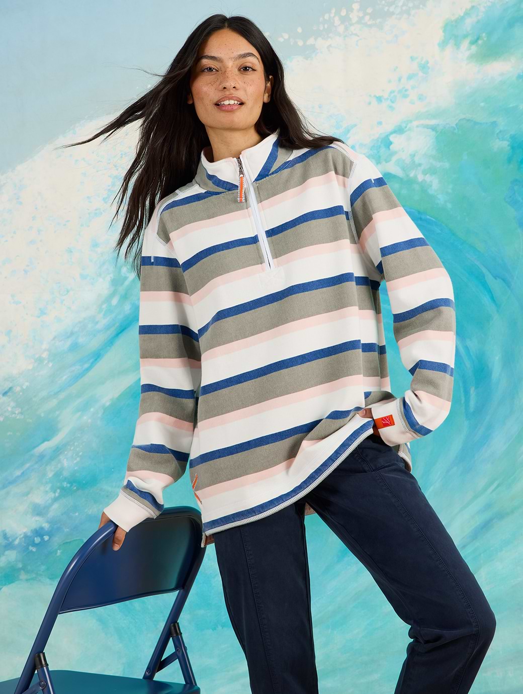 White Stuff Women's Rewind Stripe Half Zip Sweat Green Multi