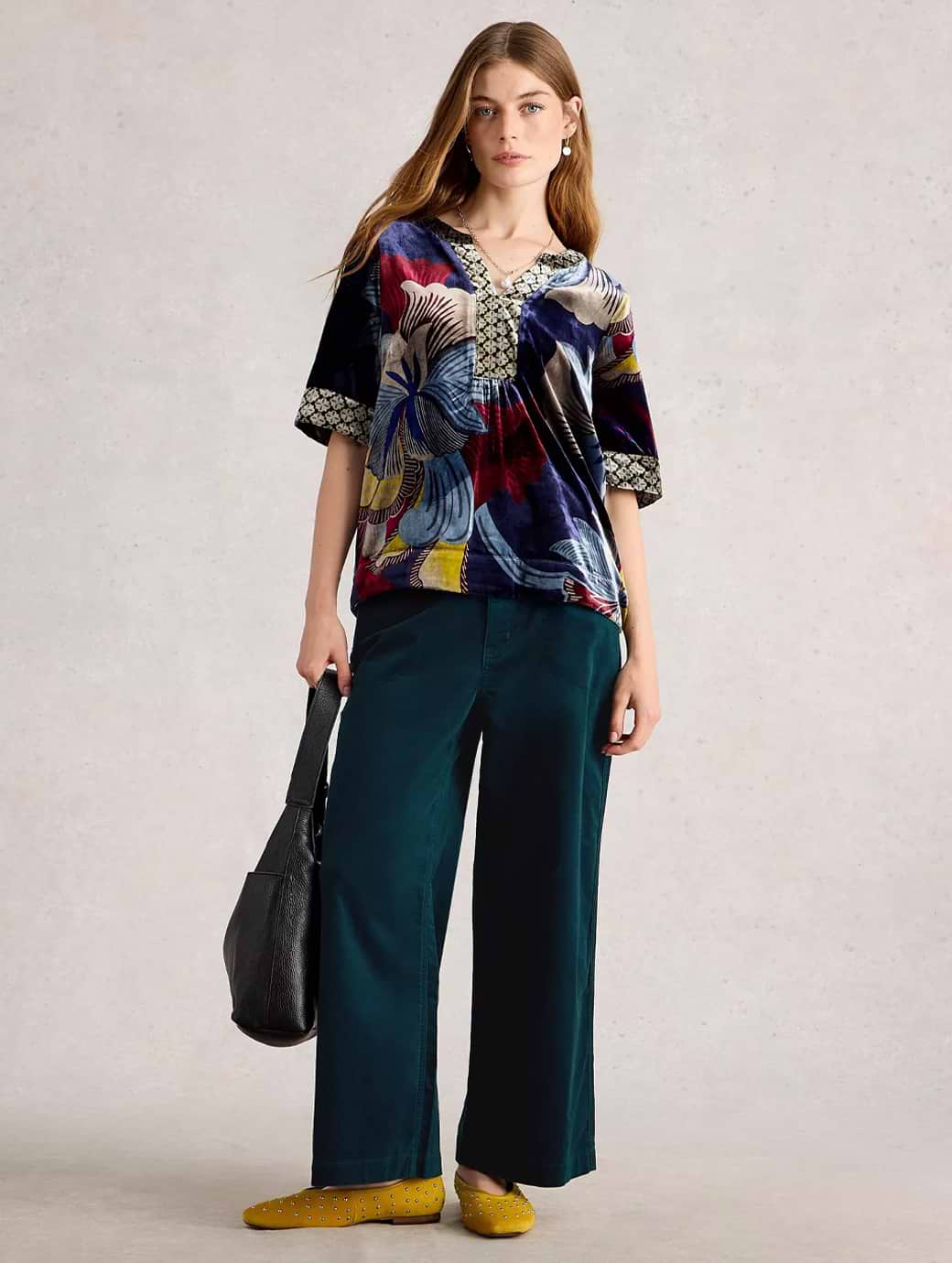White Stuff Women's Tia Velvet Wide Leg Crop Dark Teal
