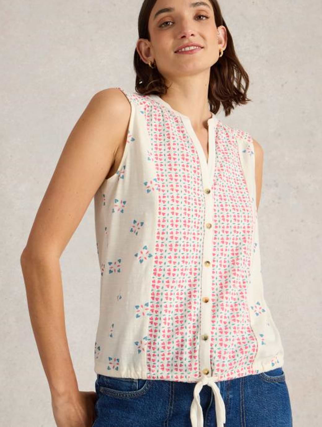 White Stuff Women's Tulip Sleeveless Shirt Pink Print