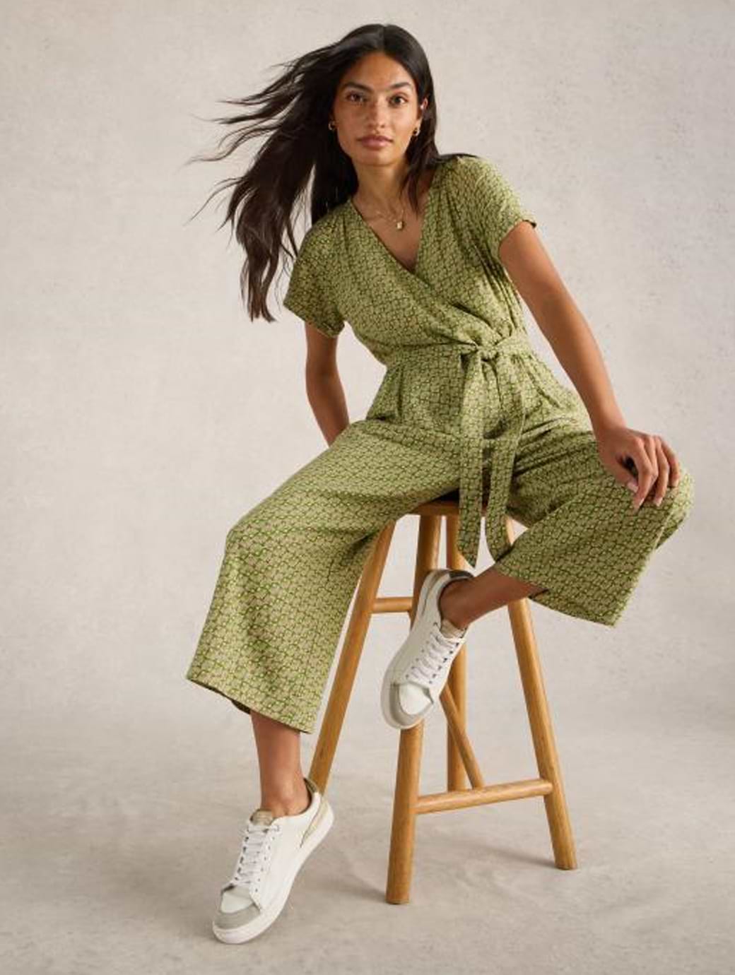 White Stuff Women's Verity Linen Blend Jumpsuit Petite Green Print