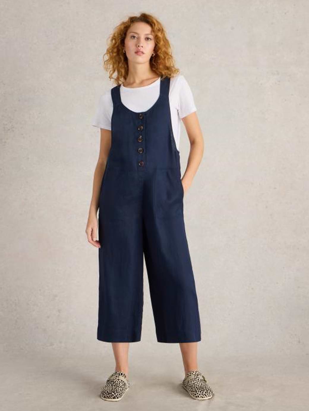 White Stuff Women's Viola Linen Dungaree Regular Dark Navy
