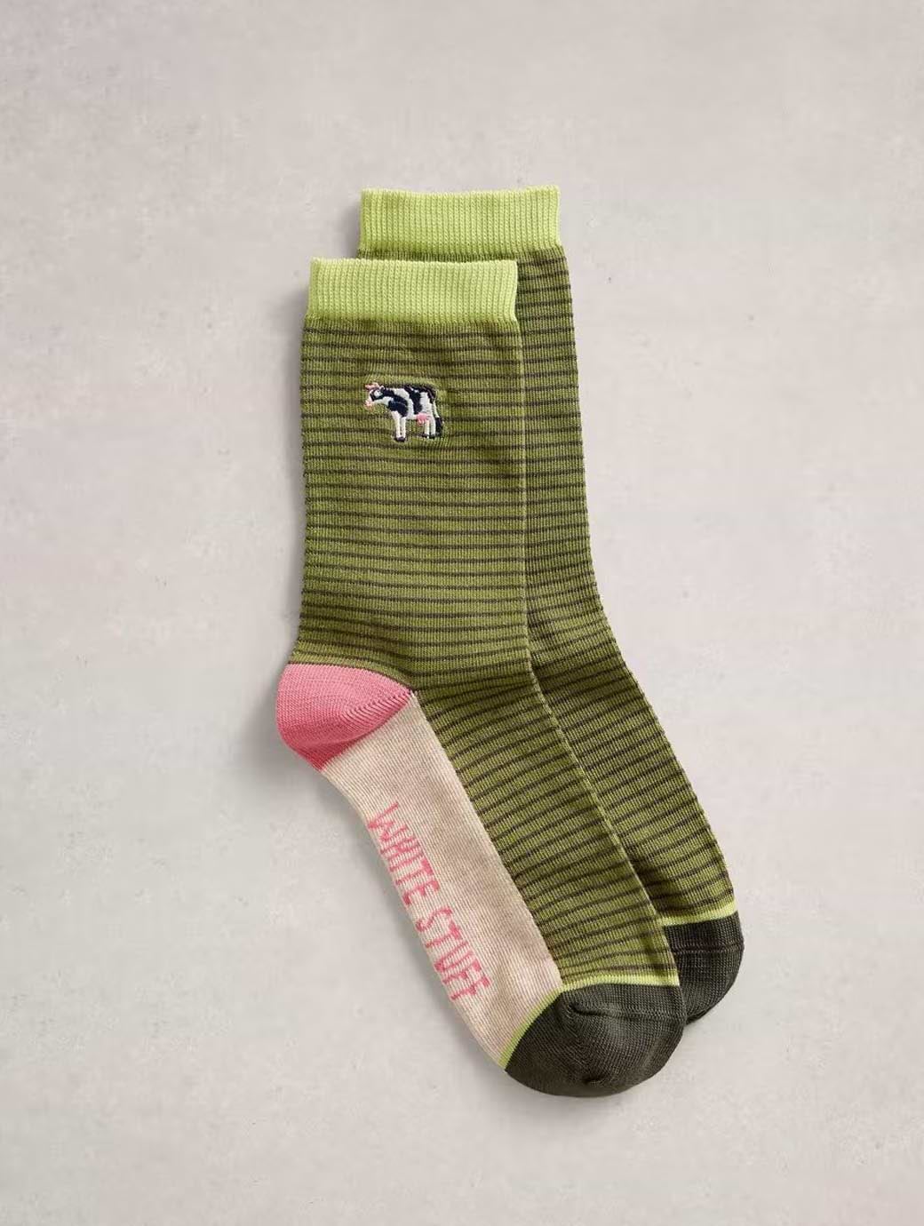 White Stuff Women's Embroidered Cow Ankle Sock Dark Green