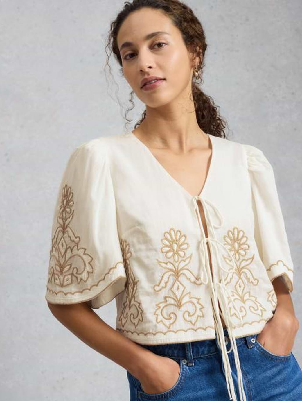 White Stuff Women's Erin Tie Front Top Natural