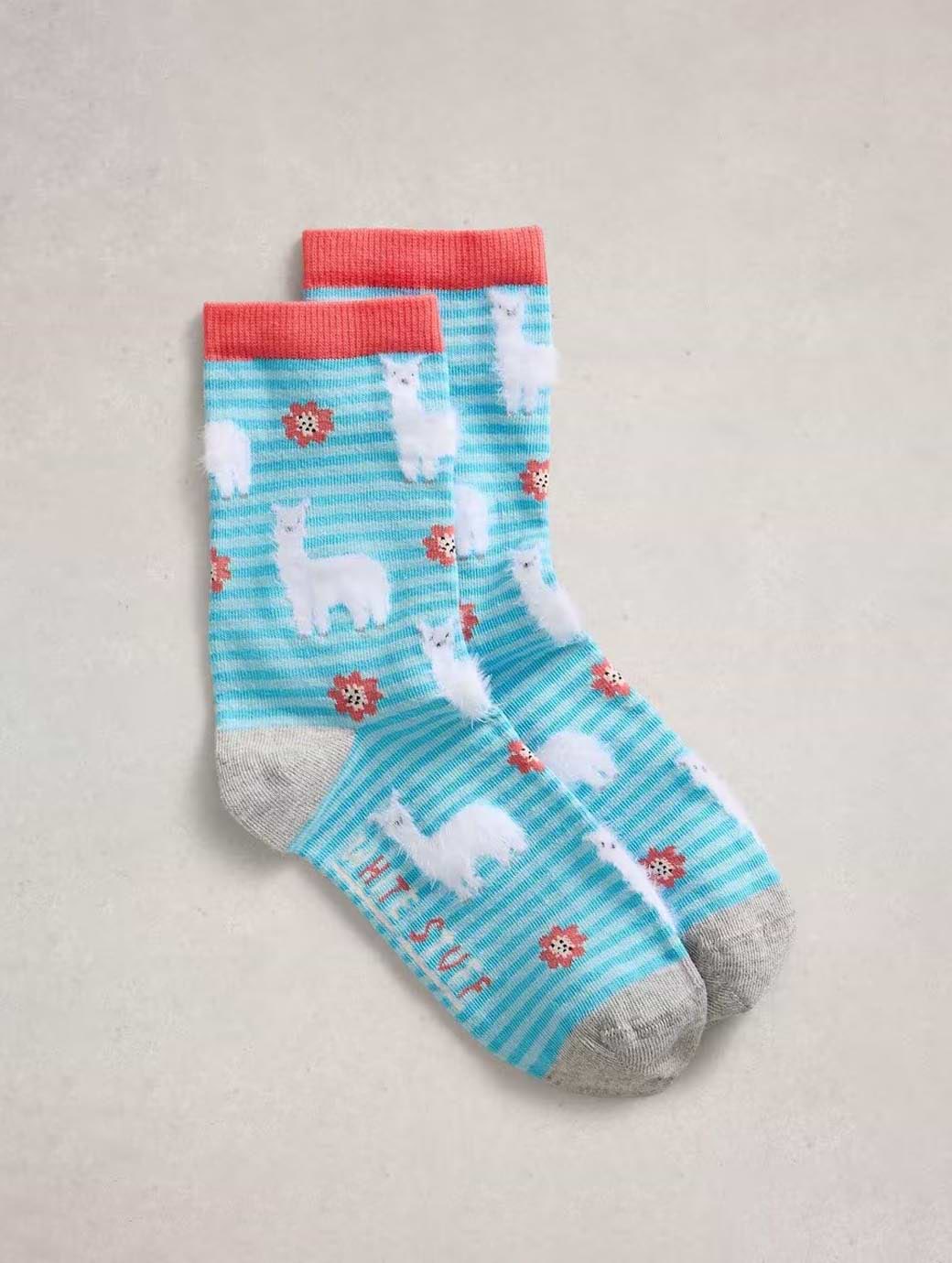 White Stuff Women's Fluffy Llama Ankle Sock Blue Multi