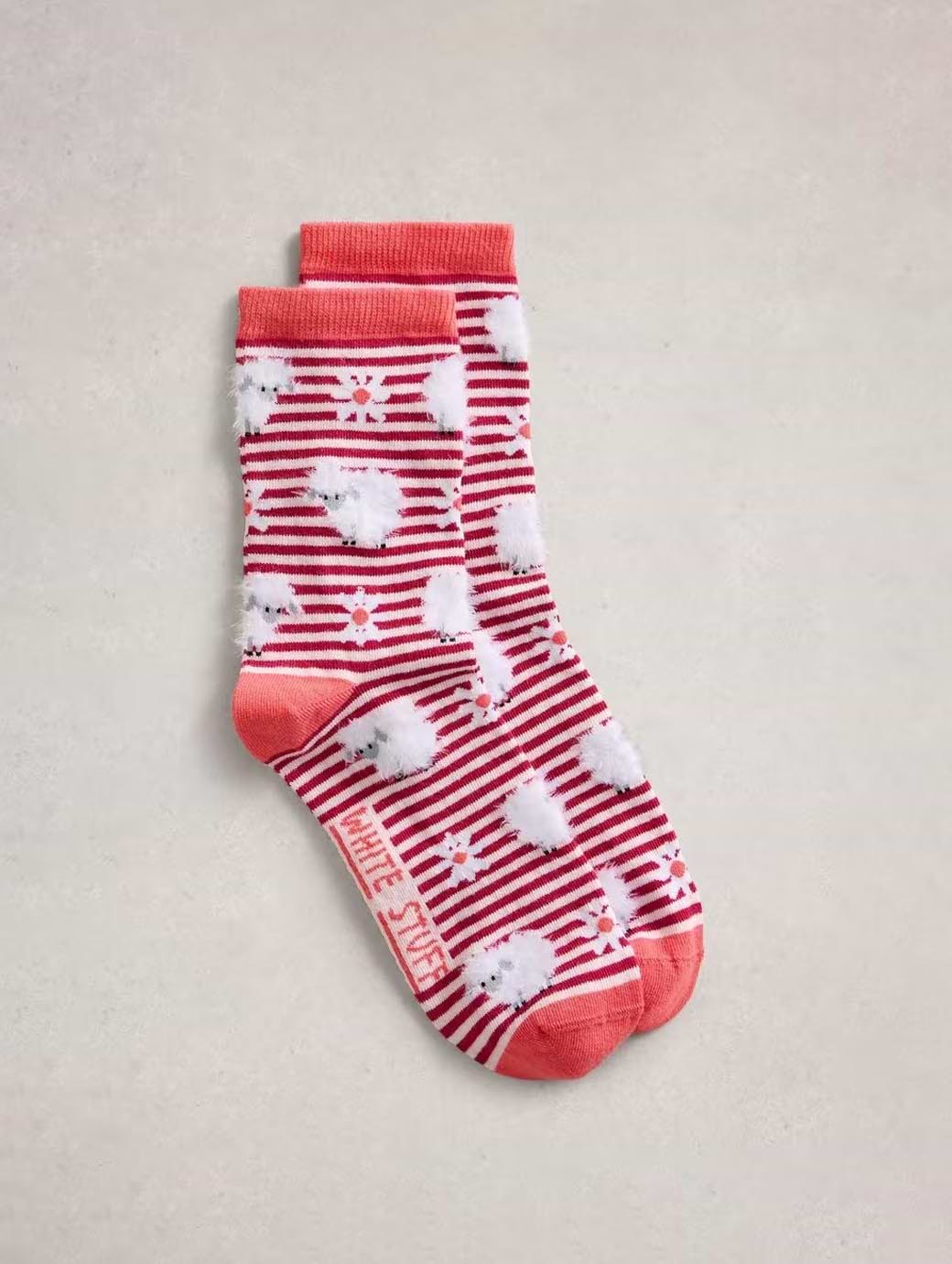 White Stuff Women's Fluffy Sheep Stripe Ankle Sock Mid Red
