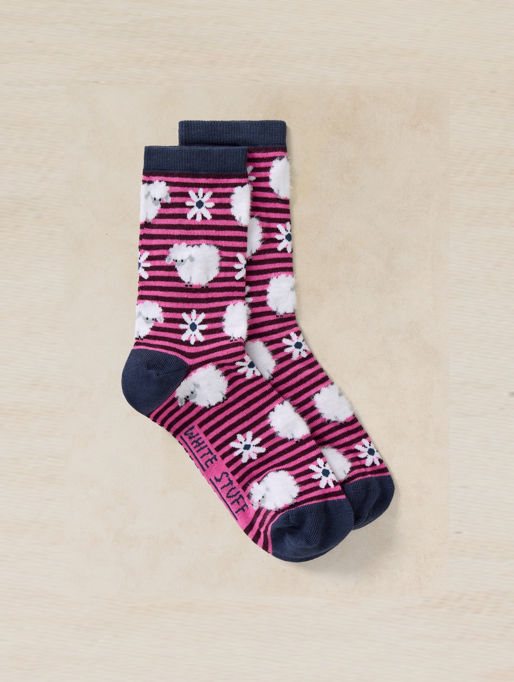 White Stuff Women's Fluffy Stripe Sheep Ankle Sock Dark Pink