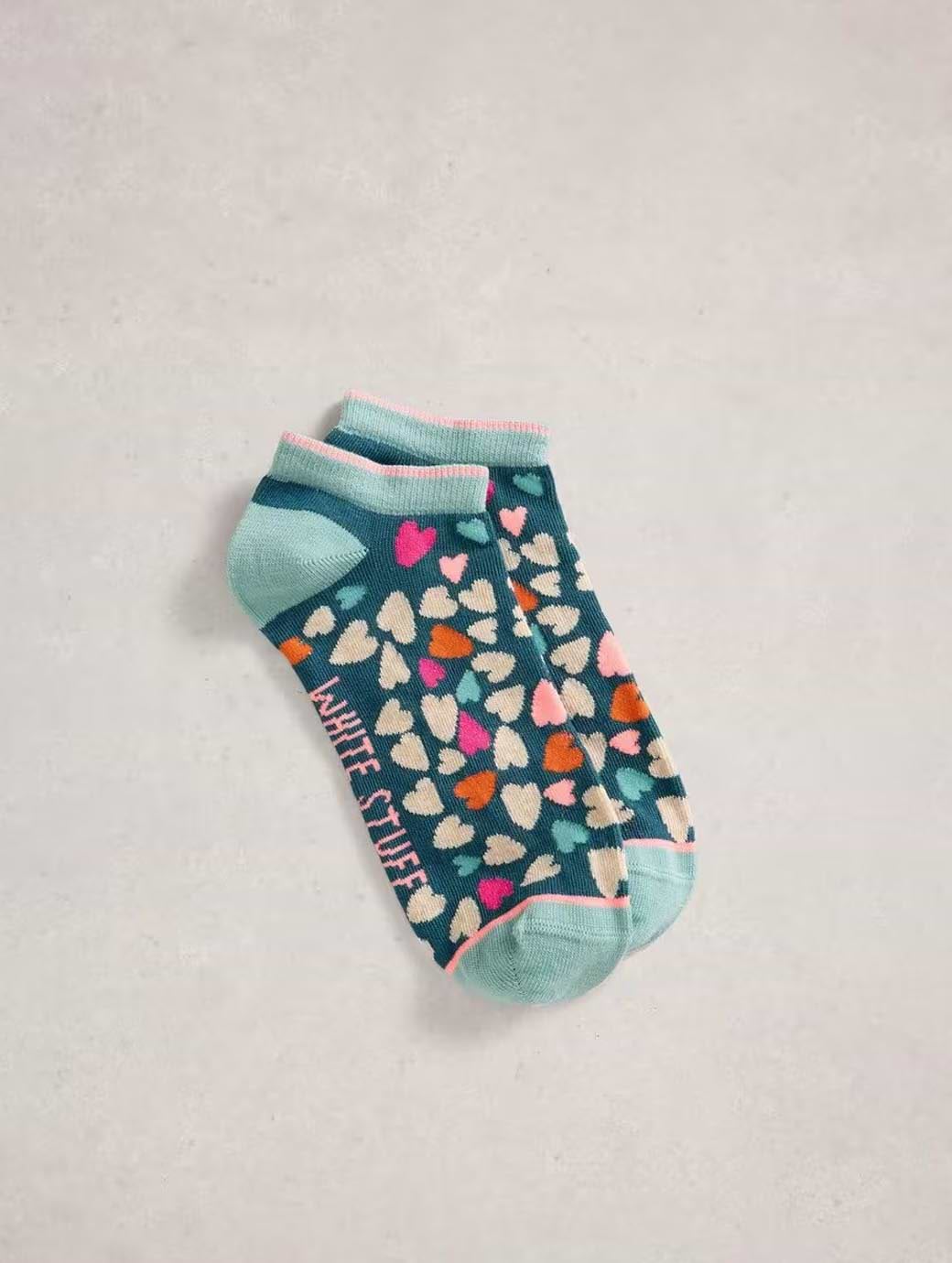 White Stuff Women's Heart Print Trainer Sock Teal Multi