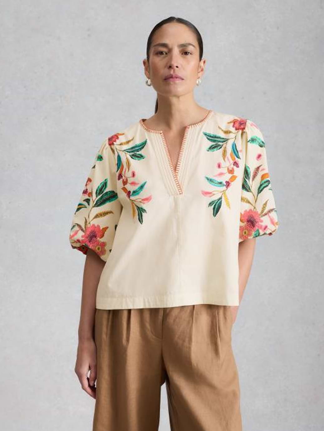 White Stuff Women's Maeve Embroidered Top Ivory Print