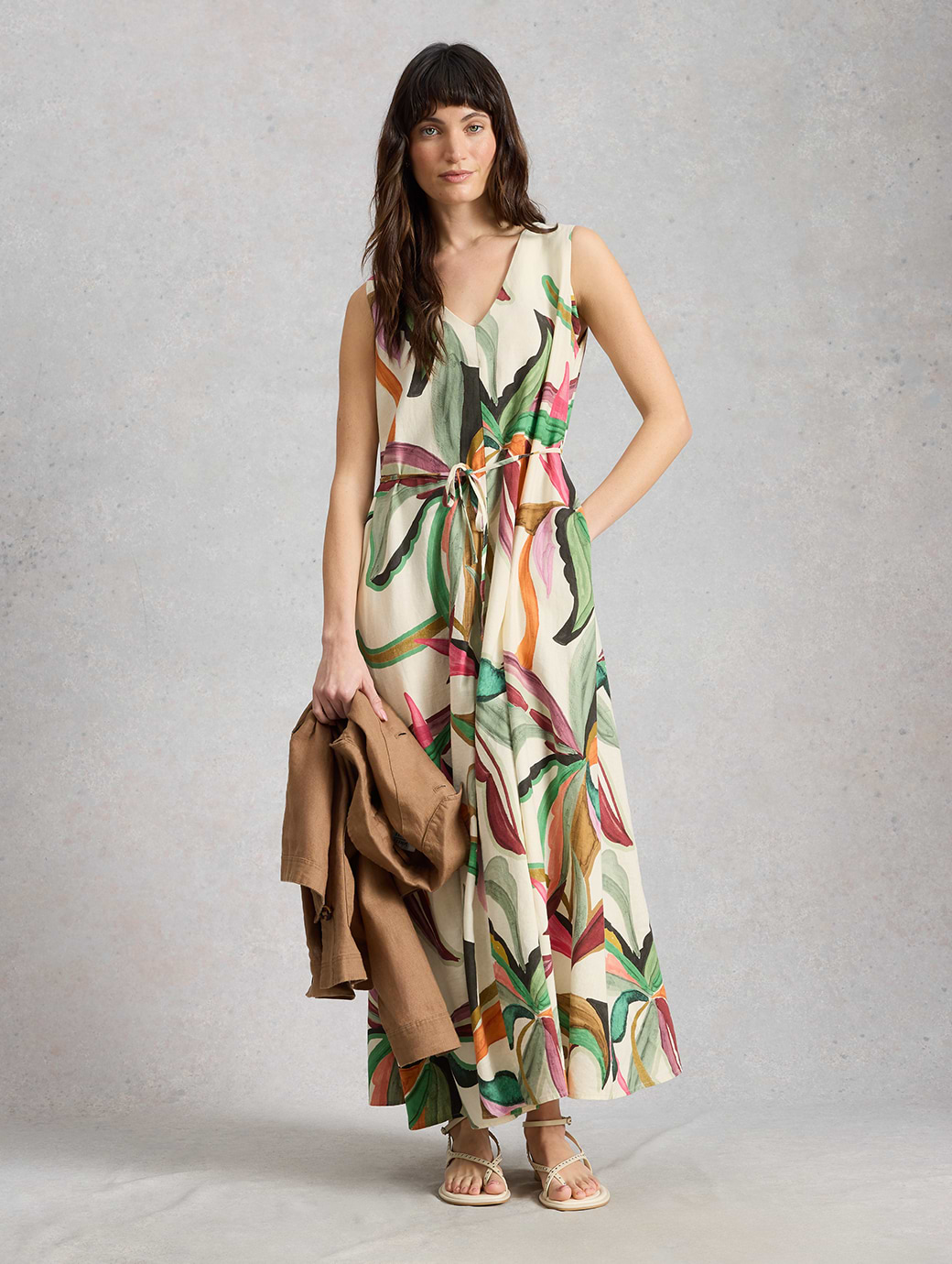White Stuff Women's Poppy Linen Blend Maxi Dress Natural Print