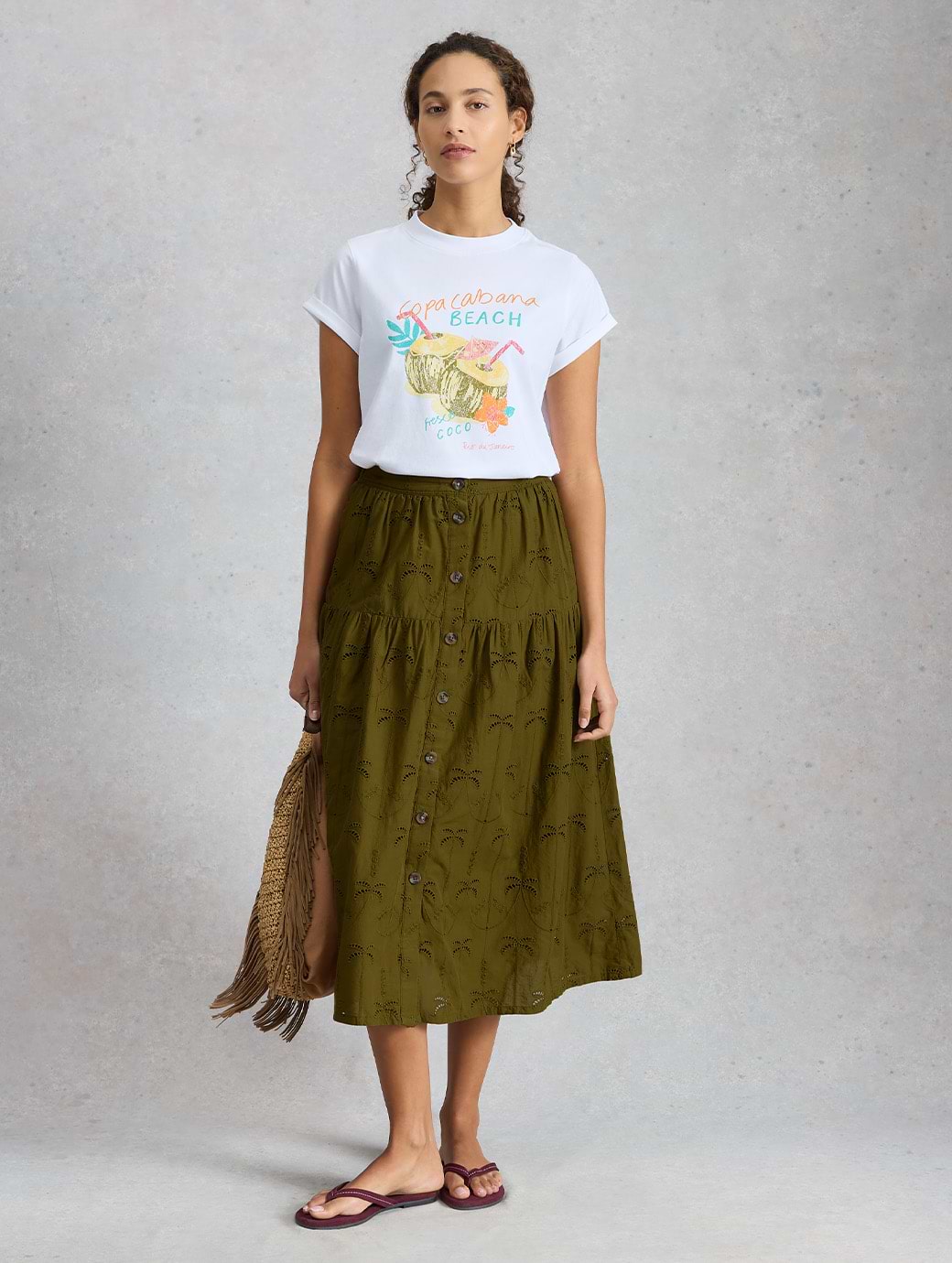 White Stuff Women's Ruben Broderie Midi Skirt Khaki