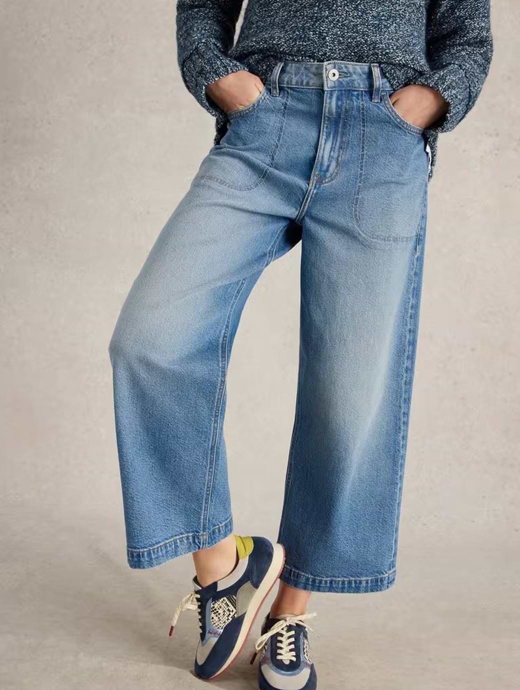 White Stuff Women's Tia Wide Leg Crop Jean Mid Denim