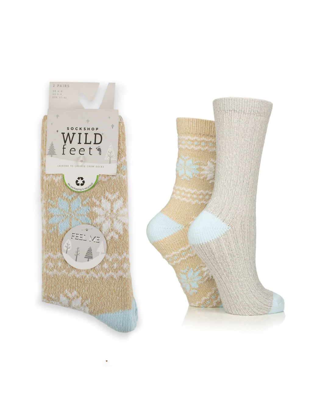 WildFeet Women's 2-Pack Leisure to Lounge Sock Beige with White/Blue Fairisle and Grey Plain