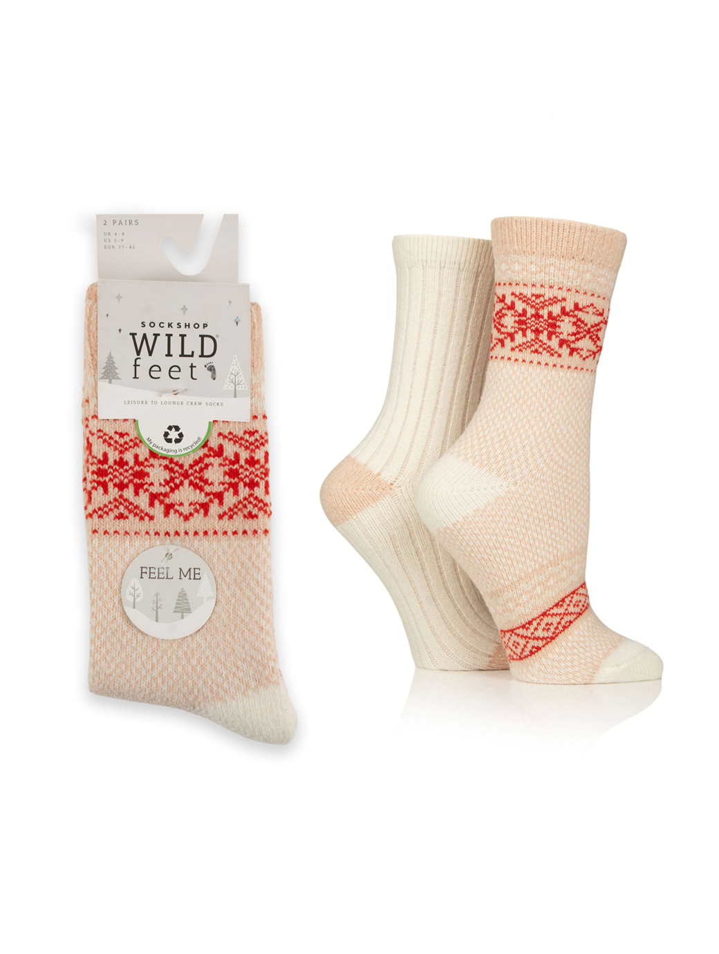 WildFeet Women's 2-Pack Leisure to Lounge Sock Pink with White/Red Fairisle and Beige Plain