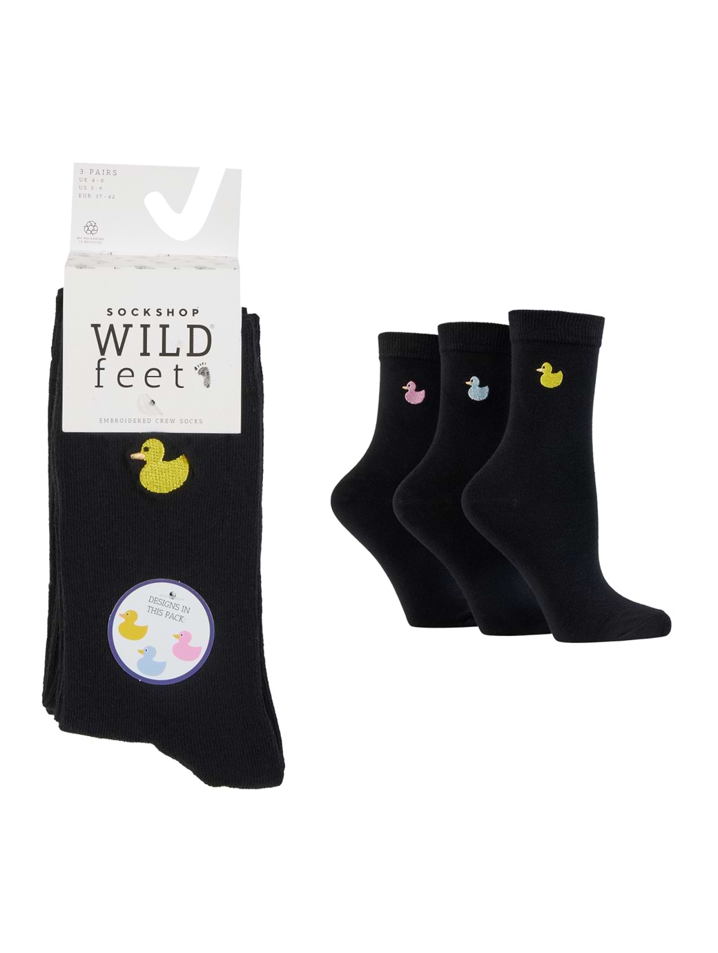 Wild Feet 3-Pack Embroidered Black with Yellow/Blue/Pink Rubber Duck