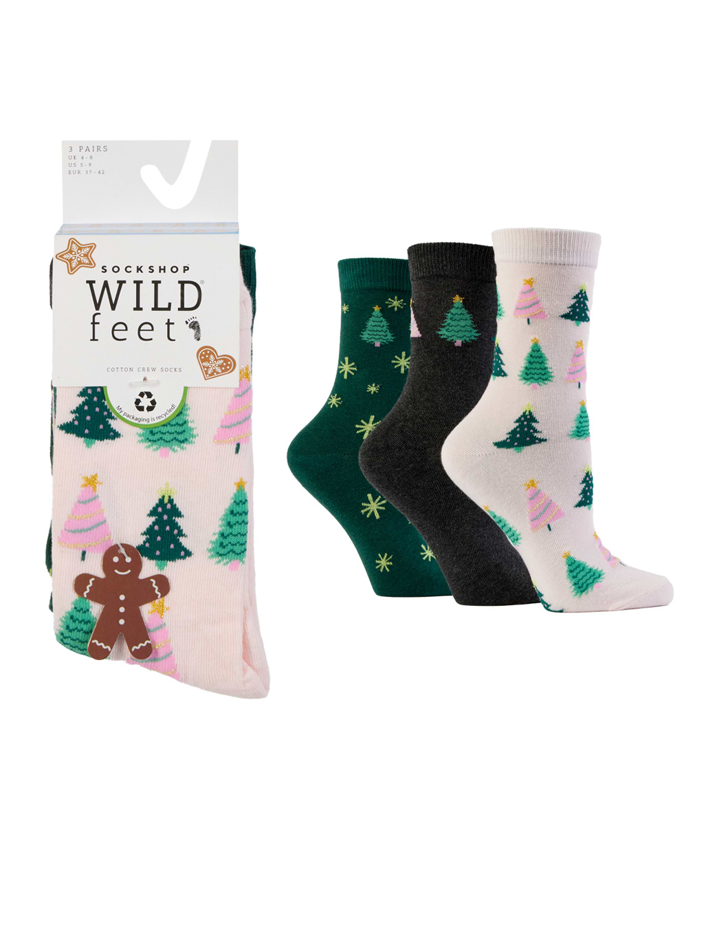 Wild Feet 3-Pack Hanging Gift Pink/Charcoal/Green with Christmas Trees