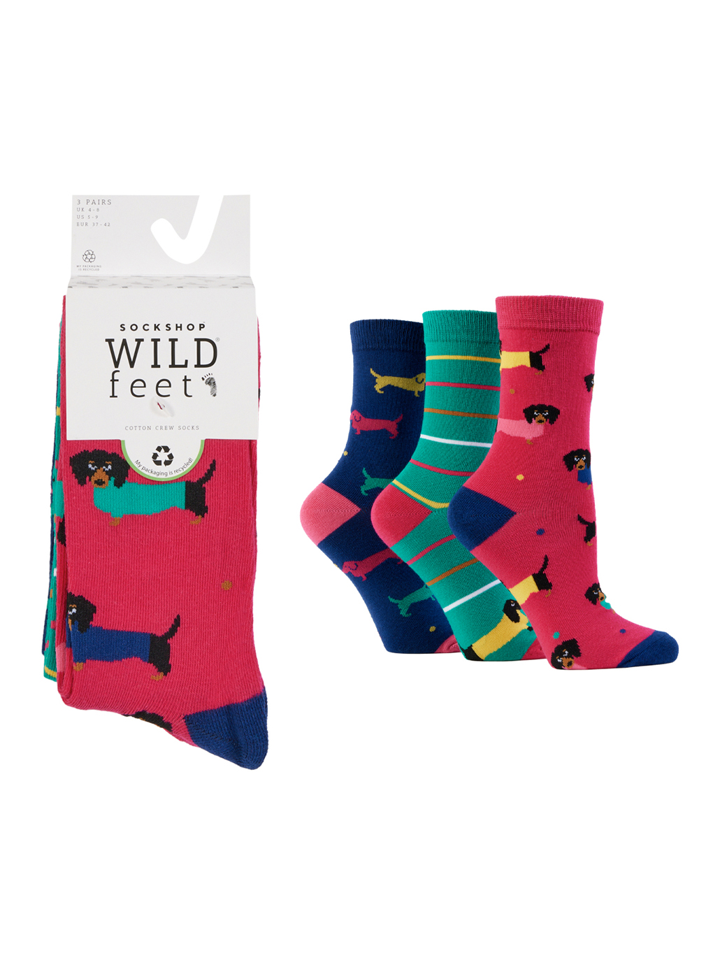 Wild Feet 3-Pack Jacquard Pink/Green with Dachshund