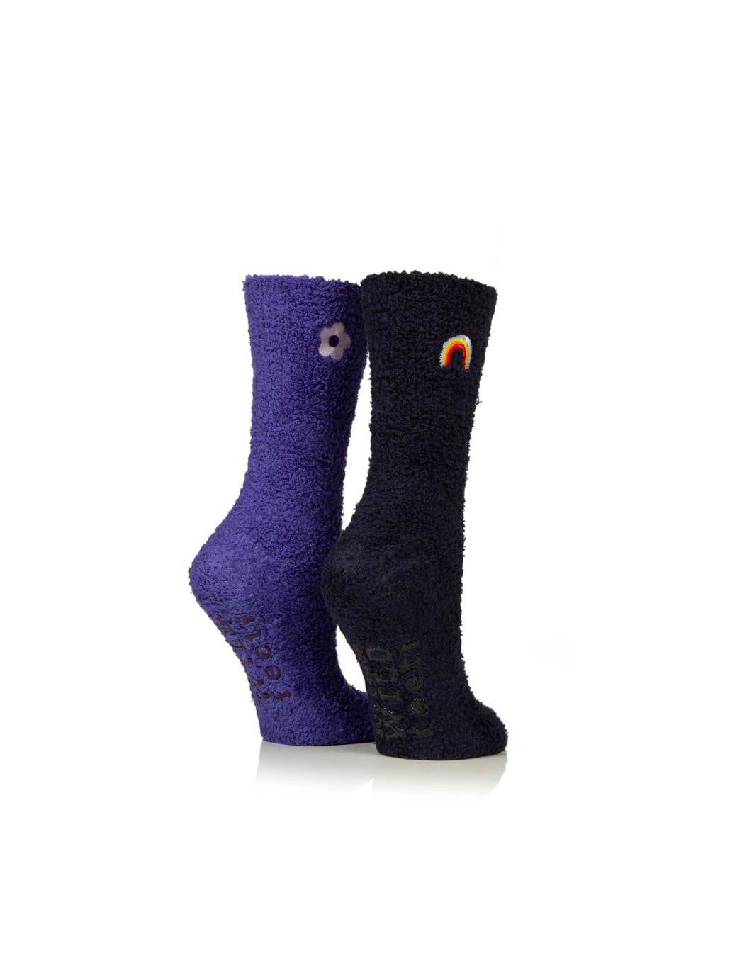 WildFeet Women's 2-Pack Fluffy Lounge Socks Navy/Purple With Rainbow & Flowers Embroidered