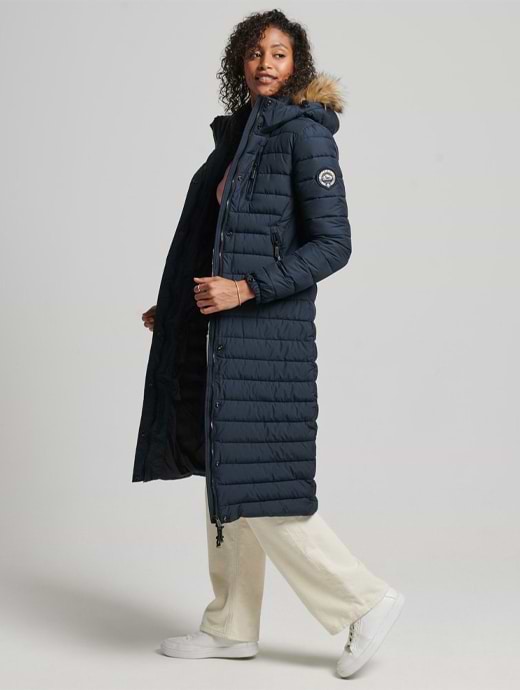 Superdry Women s Faux Fur Hood Longline Puffer Jacket Eclipse Navy