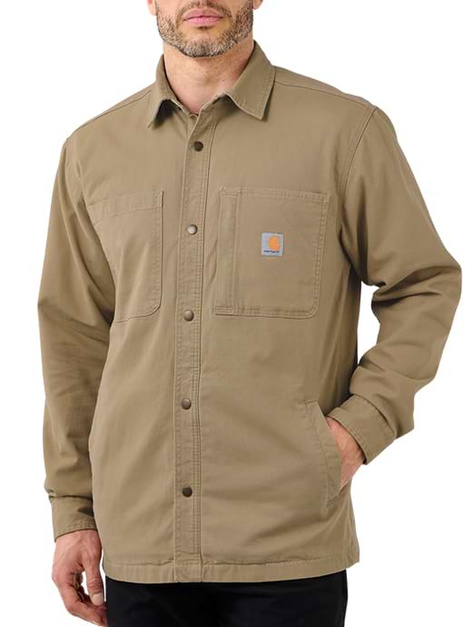 Carhartt Men s Rugged Flex Relaxed Fit Canvas Fleece Lined Snap Front Shirt Jacket Dark Khaki