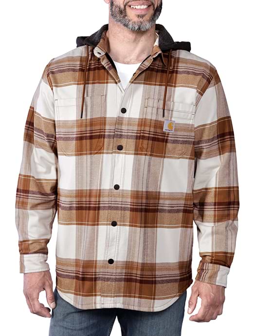 Carhartt Rugged Flex Relaxed Fit Flannel Fleece Lined Hooded Shirt Jacket Brown Griggs Agri