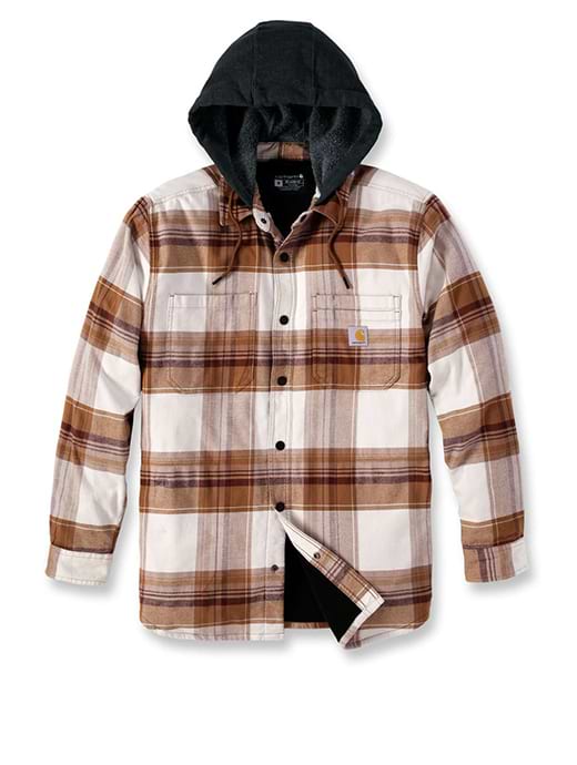 Carhartt Rugged Flex Relaxed Fit Flannel Fleece Lined Hooded Shirt Jacket Brown Griggs Agri