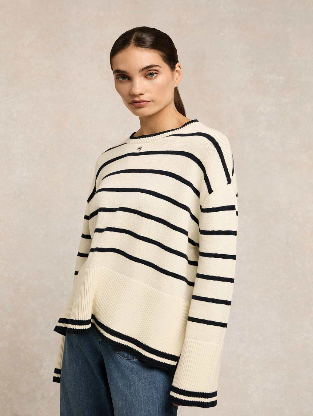Holland Cooper Antonia Crew Neck Knit Natural Stripe