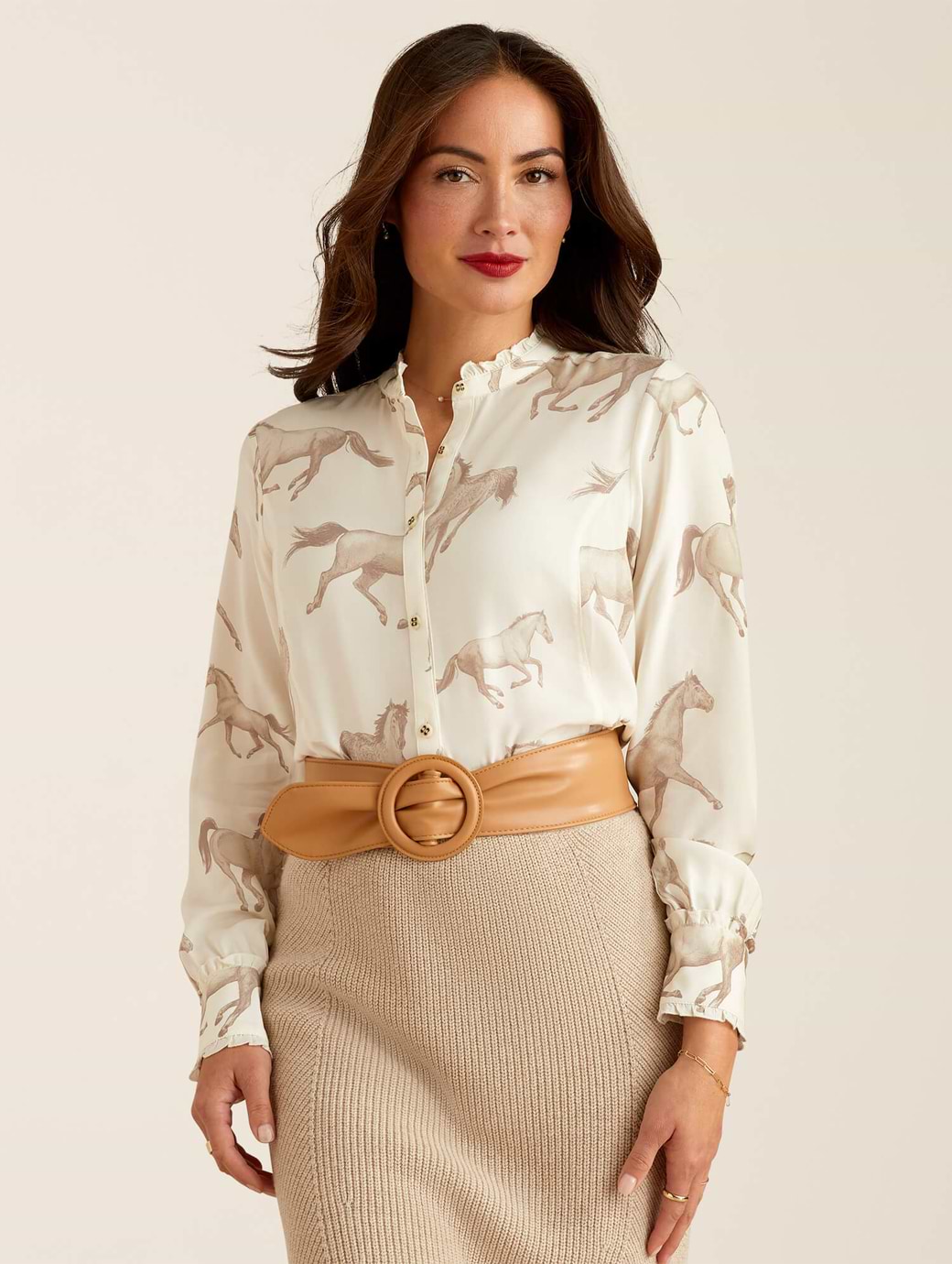 Ariat Women's Clarion Long Sleeve Blouse Sepia Horse Print