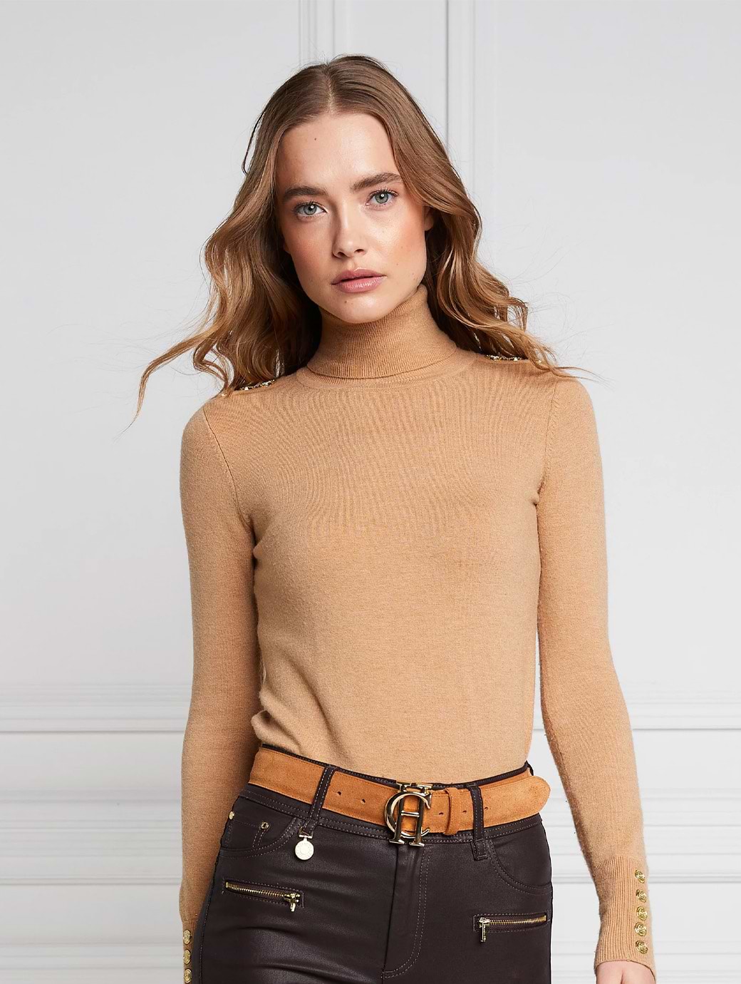 Holland Cooper Buttoned Knit Roll Neck Dark Camel