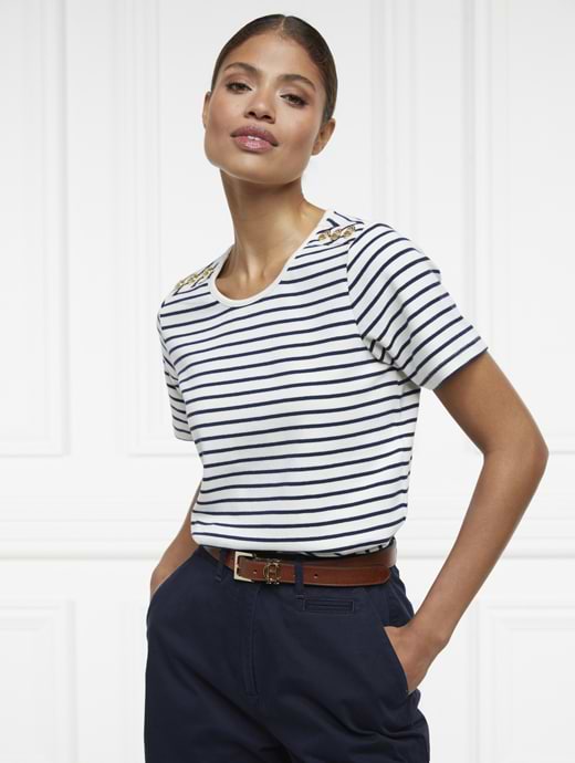 Holland Cooper Padstow Crew Neck Tee Natural Ink Navy Stripe