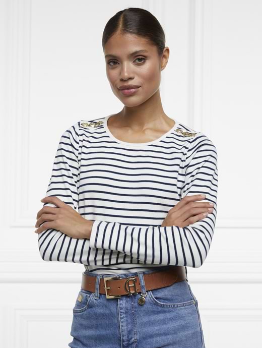 Holland Cooper Padstow Long Sleeve Crew Neck Tee Natural Ink Navy Stripe