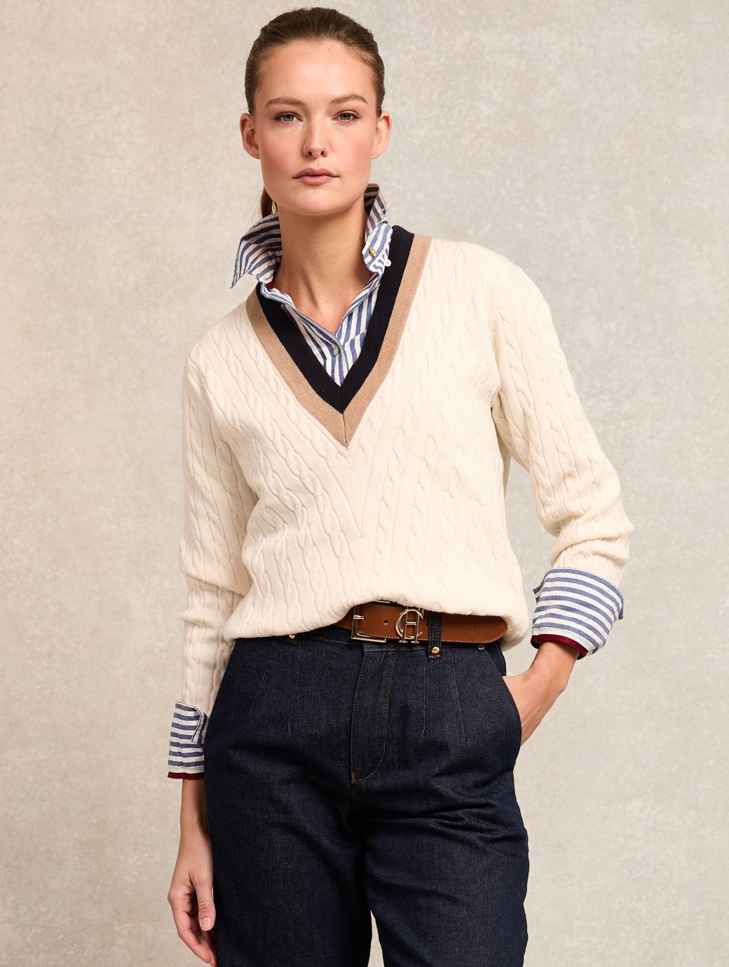 Holland Cooper Melissa V Neck Knit Natural