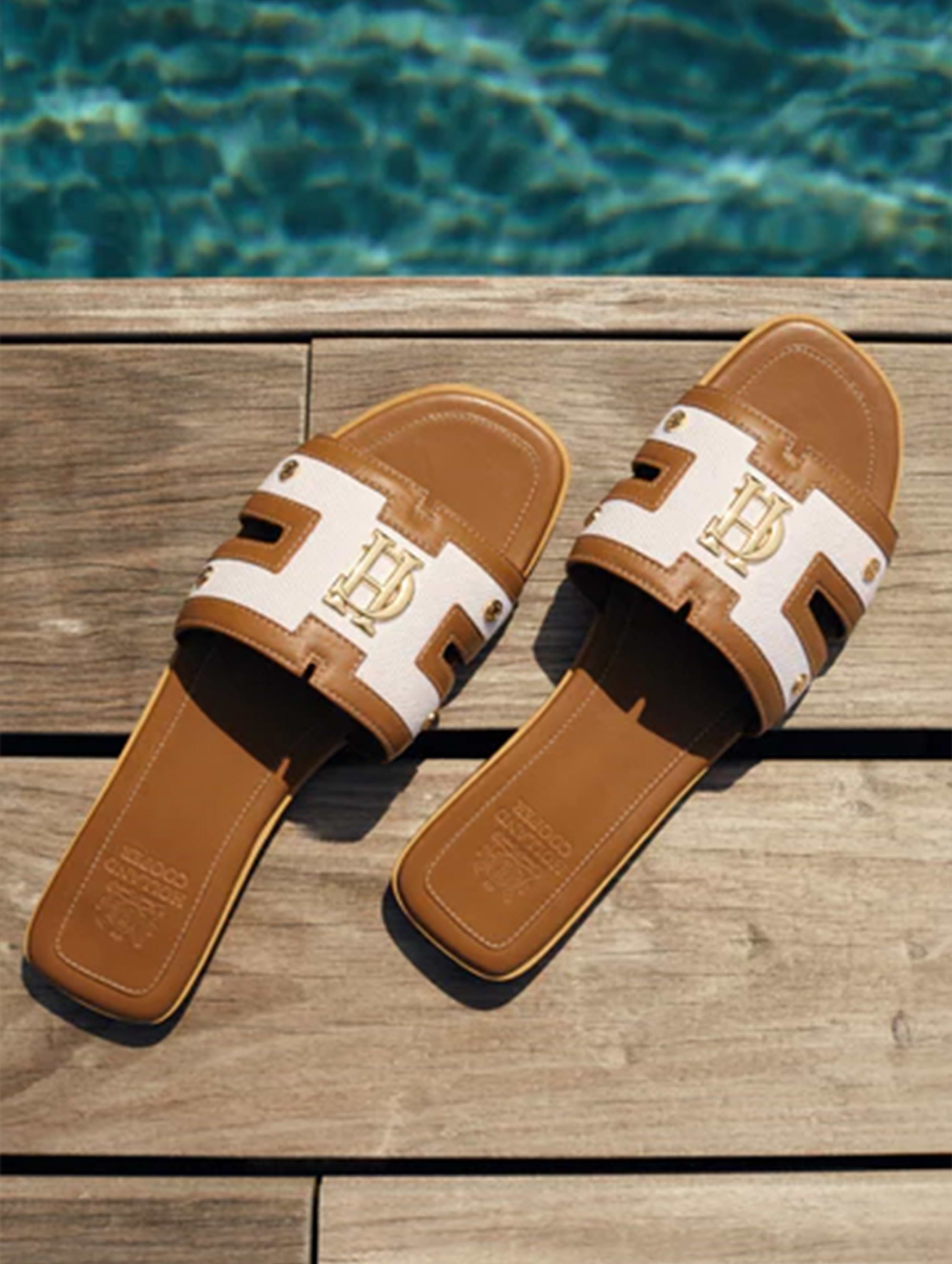 Holland Cooper Monogram Slides Tan Canvas