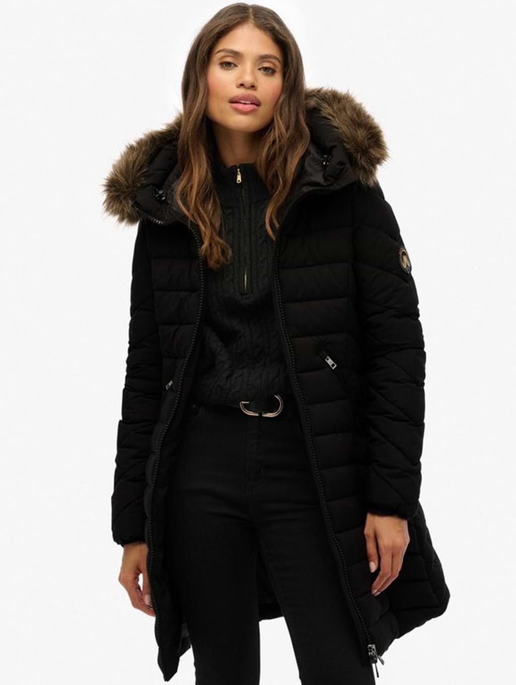 Superdry Women's Fuji Faux Fur Hood Mid Length Jacket Black