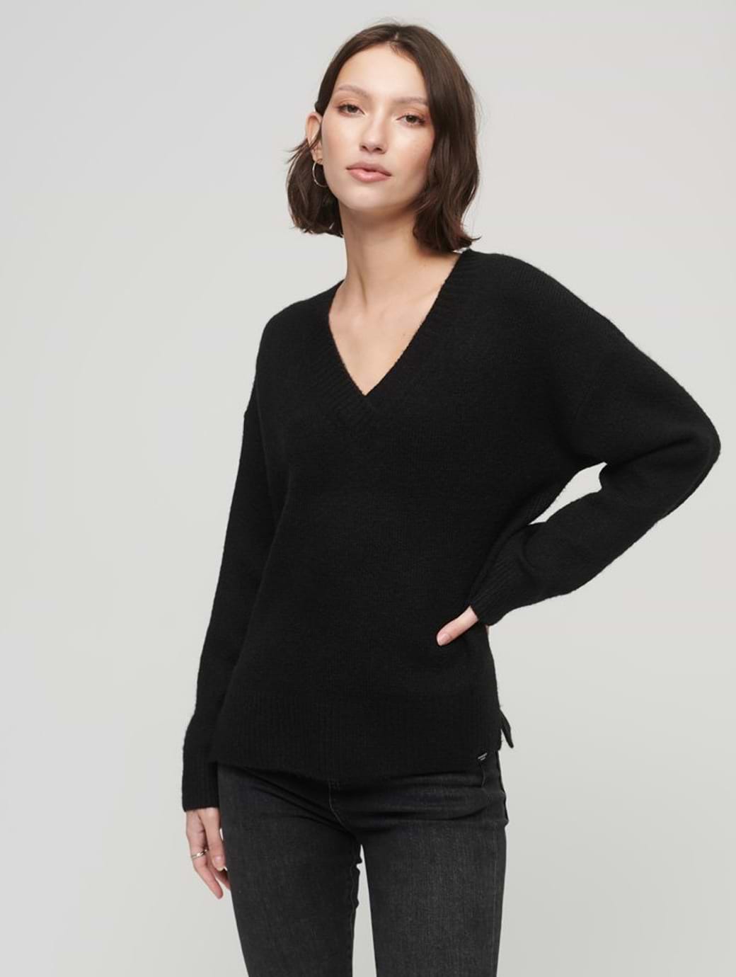 Superdry Women s Oversized V Neck Jumper Black