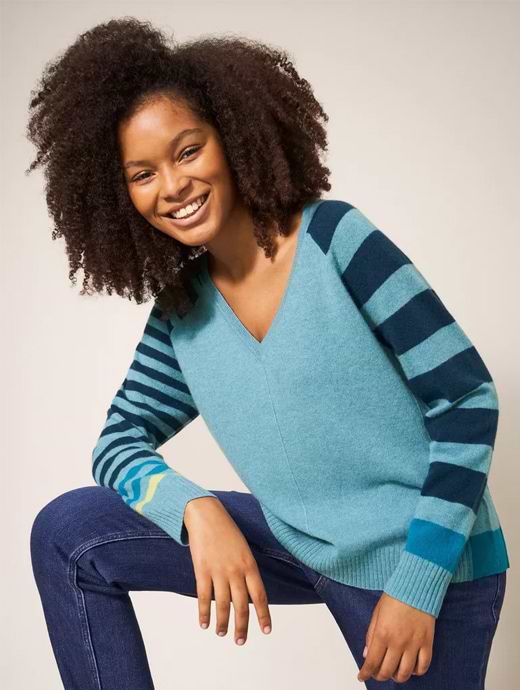 White Stuff Women s Clara V Neck Cashmere Jumper Blue Multi