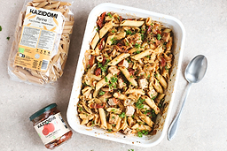 Gratin de penne corail aux oignons caramélisés et tofu rosso