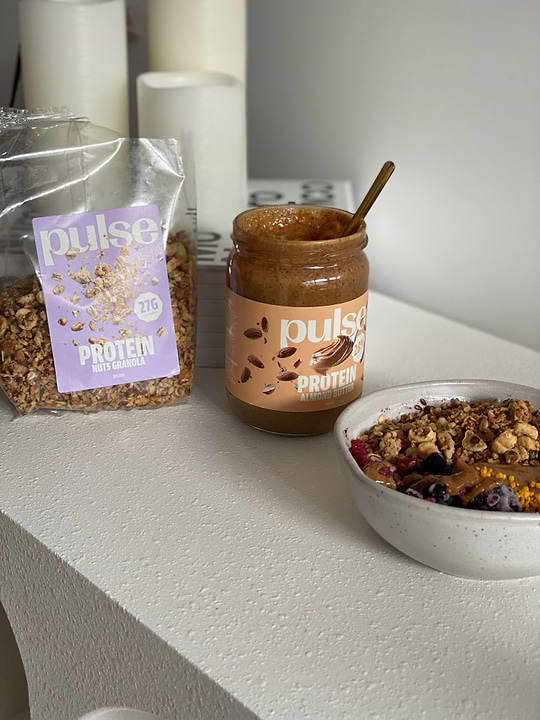 Protein yogurt bowl with hazelnuts and granola