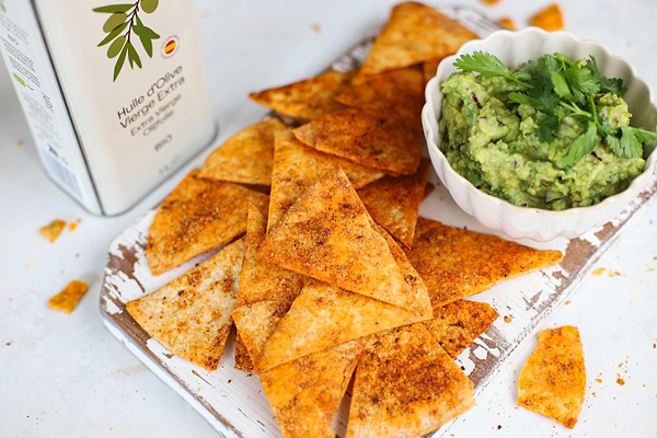 Homemade nachos and Mediterranean guacamole