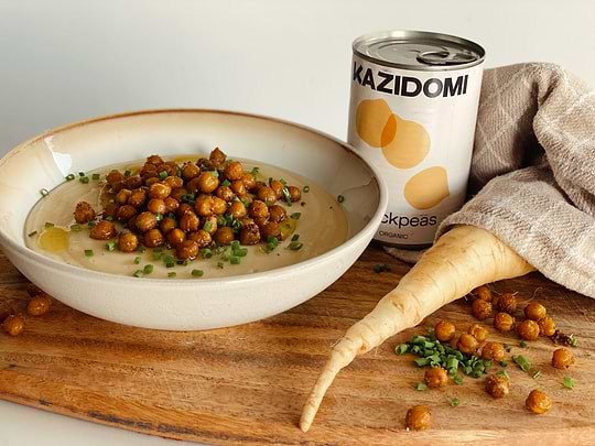 Parsnip soup with roasted chickpeas and cumin