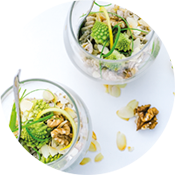 Al Dento crème roquefort au vin blanc, bouquets romanesco et amandes effilées